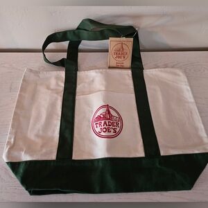 Trader Joe's Large Canvas Tote Reusable Bag 20x14x6" Green/White/Red NWT